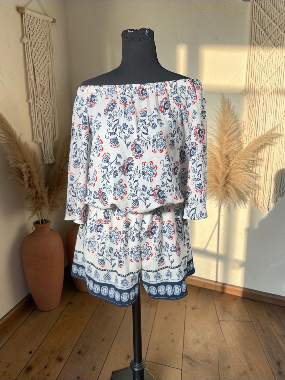 Premier White Floral Off-Shoulder Romper with Navy and Coral Details